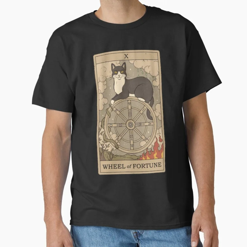 

Wheel Of Fortune Vinage Tarot Card Cat Funny magical cats cute pet Gift T shirt for men large size Adult Tops S-6XL clothing