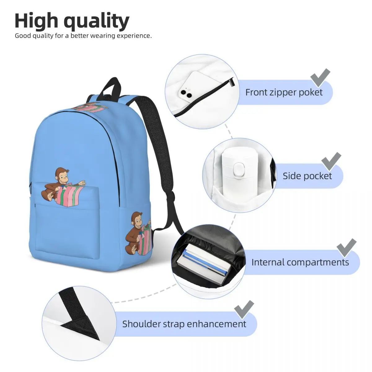 Curious George Birthday Gift Student Backpack School Bag Hiking Travel Daypack for Men Women Bookbag Shoulder Bags