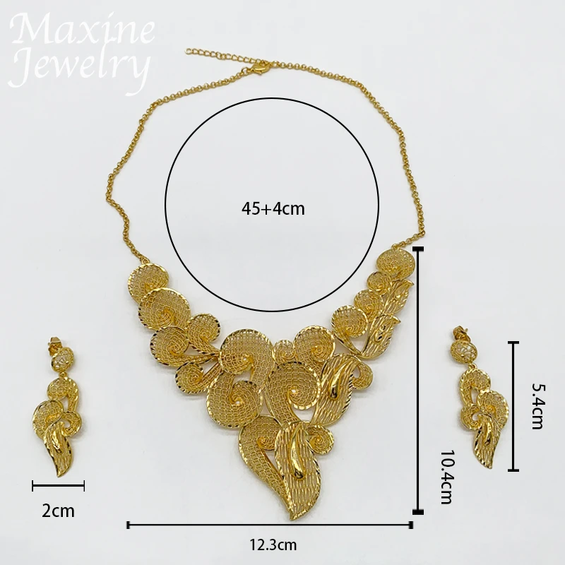 Italian Hollow Luxury Original 18K Gold Plated Jewelry Set Chunky Necklace Drop Earrings for Women Party Bridal Wedding Gifts