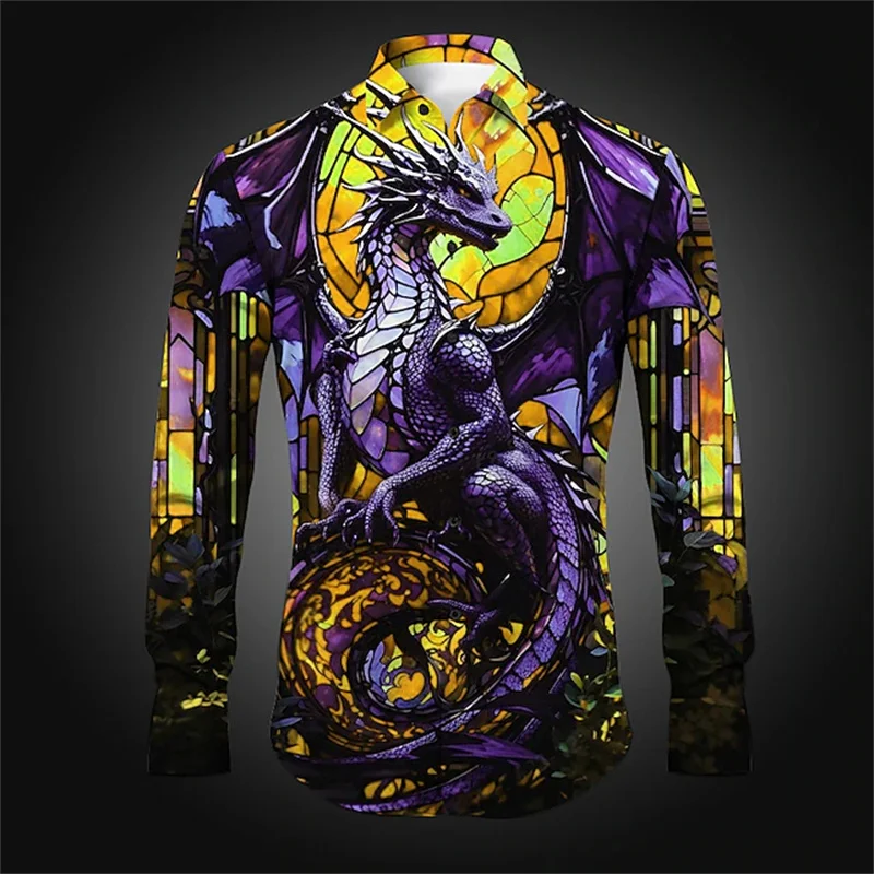 

Мужская рубашка на пуговицах с драконом и длинным рукавом, абстрактная повседневная одежда, весенне-летняя рубашка на пуговицах с принтом лацканов, желтый, красный, синий, фиолетовый