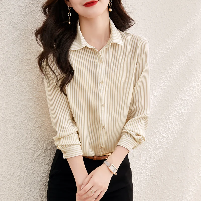 #2544 Spring Office Vertrical Striped Shirt Women Long Sleeve Regular Fit Womens Tops And Blouses Korean Style Elegant Shirts