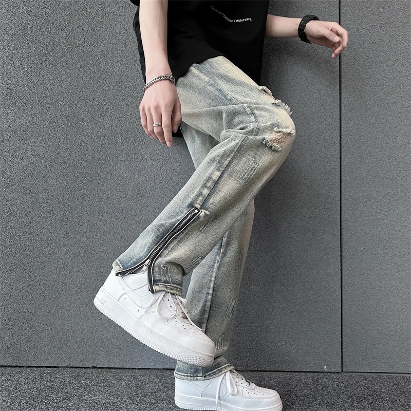 

Ripped Holes Men Jean Distressed Jeans Washed High Waist Spliced Vintage Pockets Straight Ankle Length Pants Zipper Fly 2025