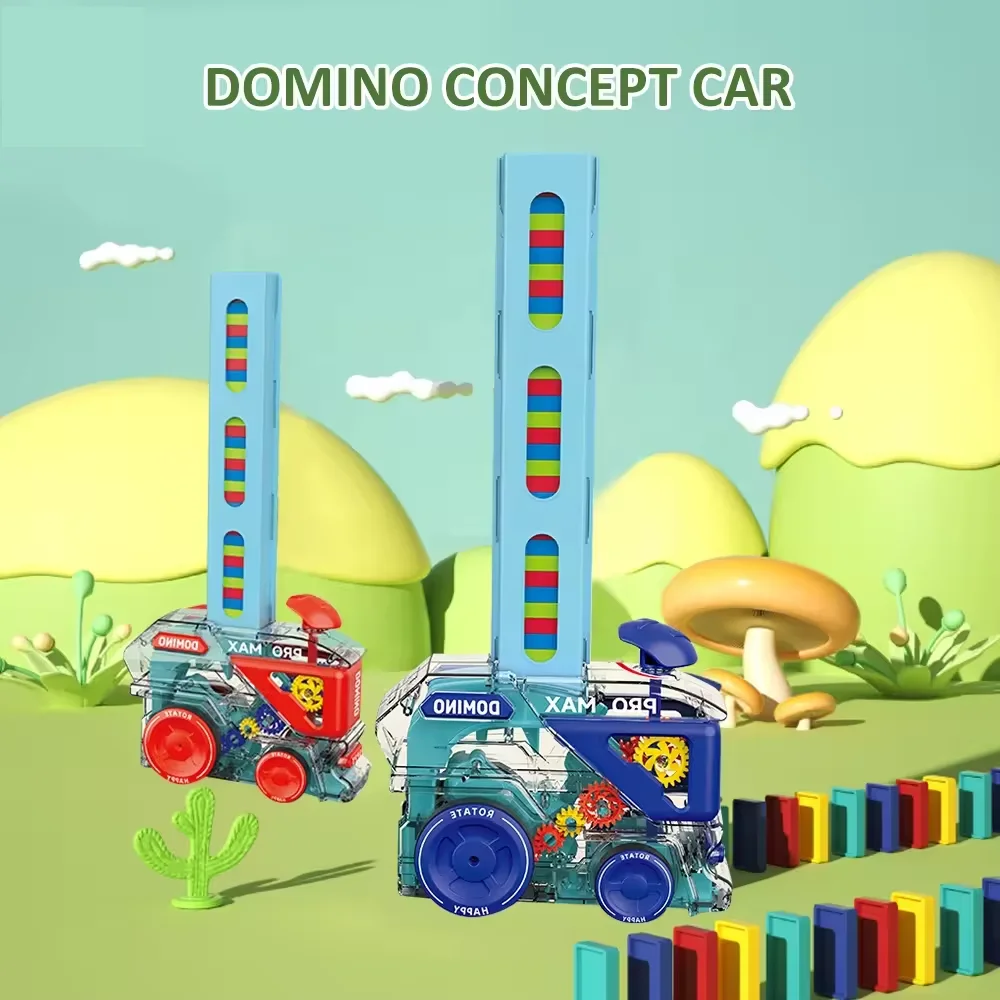 Automático deitado dominó trem para crianças, carro elétrico puzzle, inteligência DIY, colorido dominó set, brinquedos educativos, jogo presente