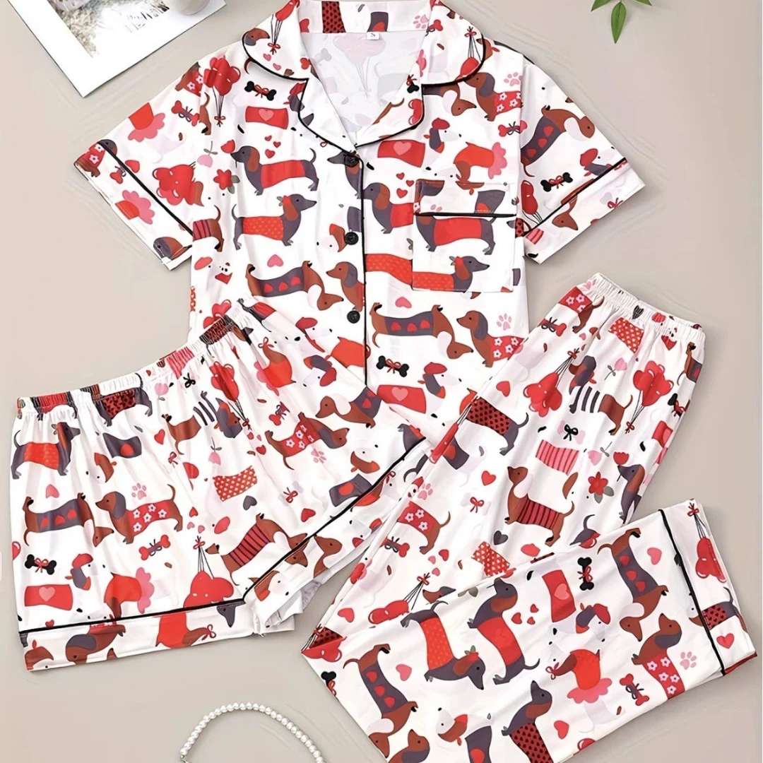 

Animal Themed Pajama White with Dachshund Lapel Short Sleeve Short and Long Trousers Loungewear Home Wear Set Clothes Gifts