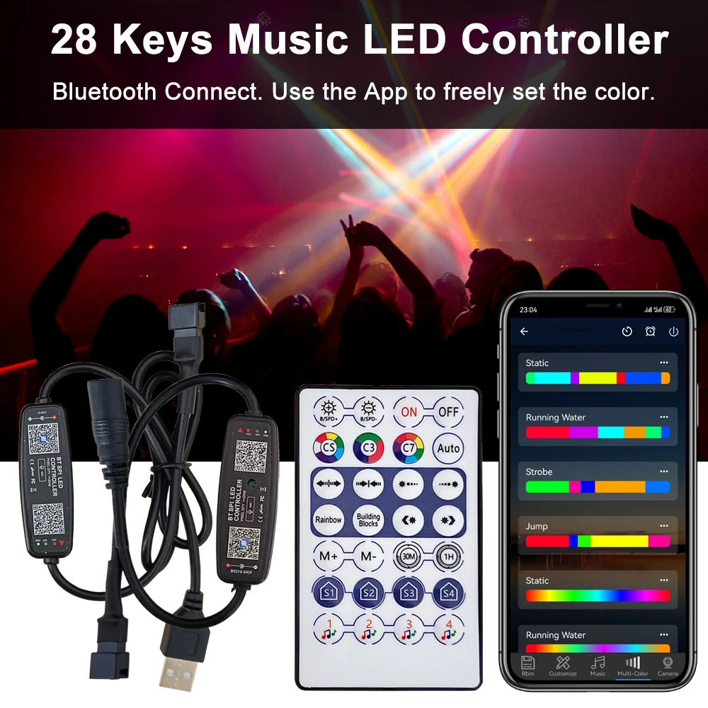 DC5-24V USB/DC Mini Led Controller 3Pin 28Keys Remote Bluetooth App Music Control For Individual Addressable WS2812 RGB Strip