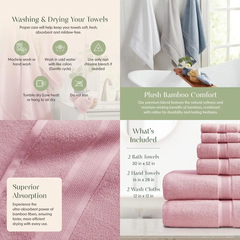 

Набор из 6 бамбуковых полотенец из вискозы и хлопка - впитывающие, быстросохнущие, сертифицированные Oeko-TEX, розовые