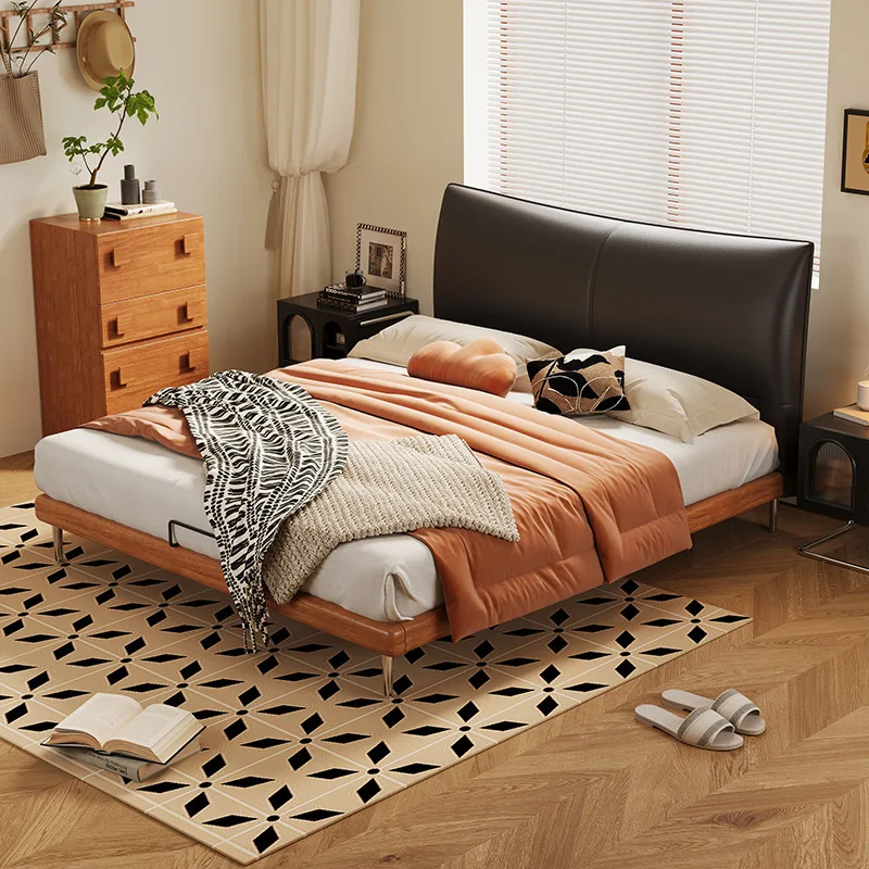 Letto medievale in pelle minimalista primo strato di pelle bovina letto in legno massello letto matrimoniale retrò in faggio