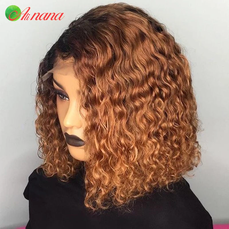 4x1 laço t parte curto bob perucas 1b 30 colorido kinky encaracolado perucas brasileiras pre-arrancadas perucas de cabelo humano transparente para preto