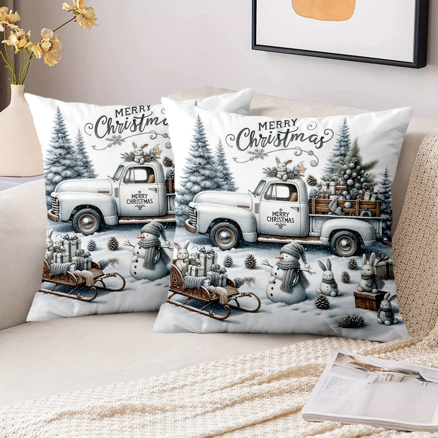 1 Pieces Christmas Snow Truck Rabbit Sled Pillow Covers Polyester pillowcase, sofa decorative cushion cov Headboard Pillow