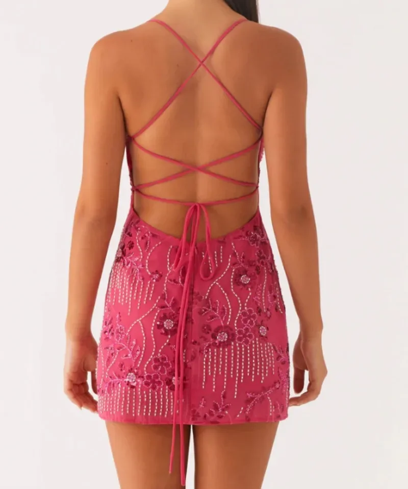 Minivestido camisola con bordado Floral y cuentas de lentejuelas para mujer, vestido con cuello en V y tirantes finos con cordones y espalda descubierta para fiesta y discoteca, traje de vacaciones