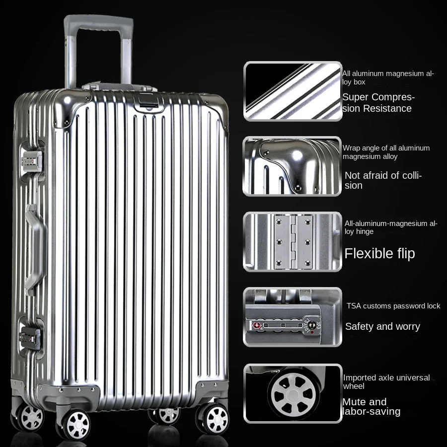 Valise en alliage d'aluminium et de magnésium, bagage à roulettes en aluminium valise voyage, mot de passe en métal, étui rigide d'embarquement, sacs de voyage, 20 po, 28 po, 32 po, 100%