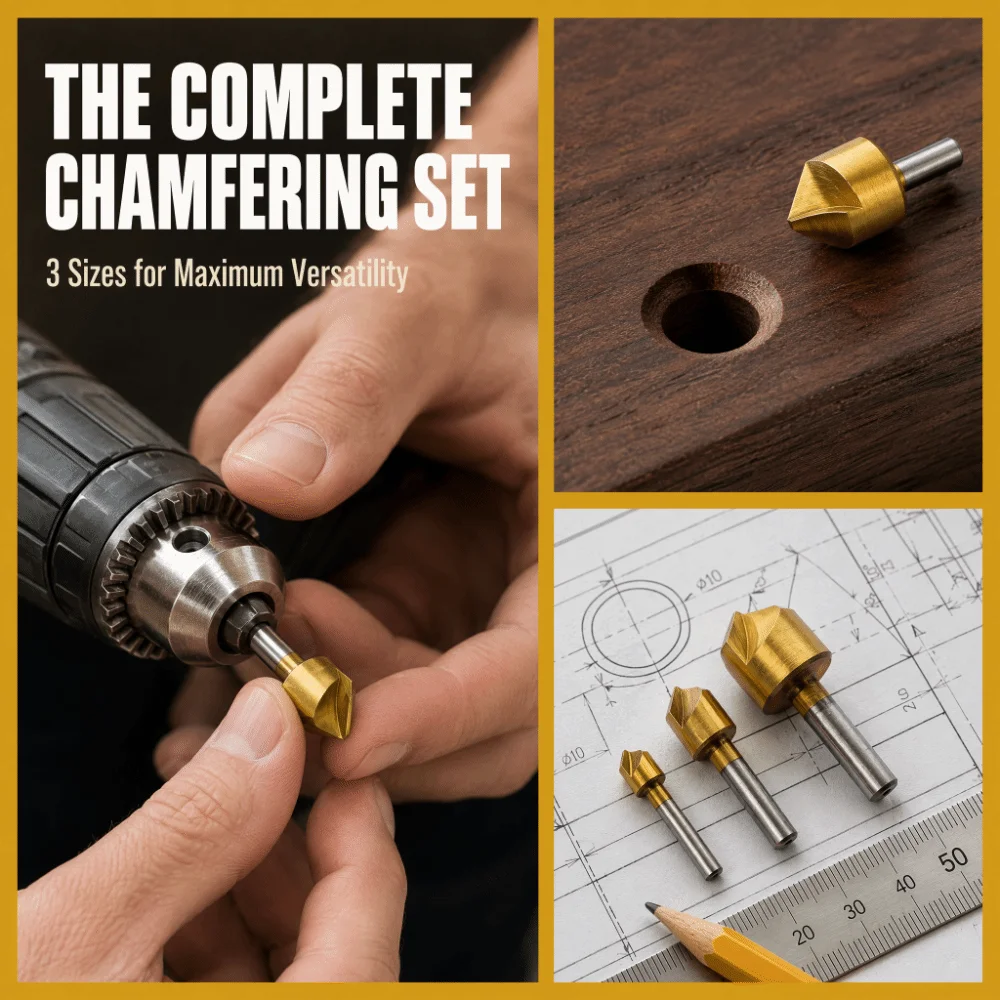 3pcs Titanium Plated Chamfering Cutter Set 90 Degree Single Flute Chamfer Drill Kit Carbon Steel 3/8 1/2 3/4