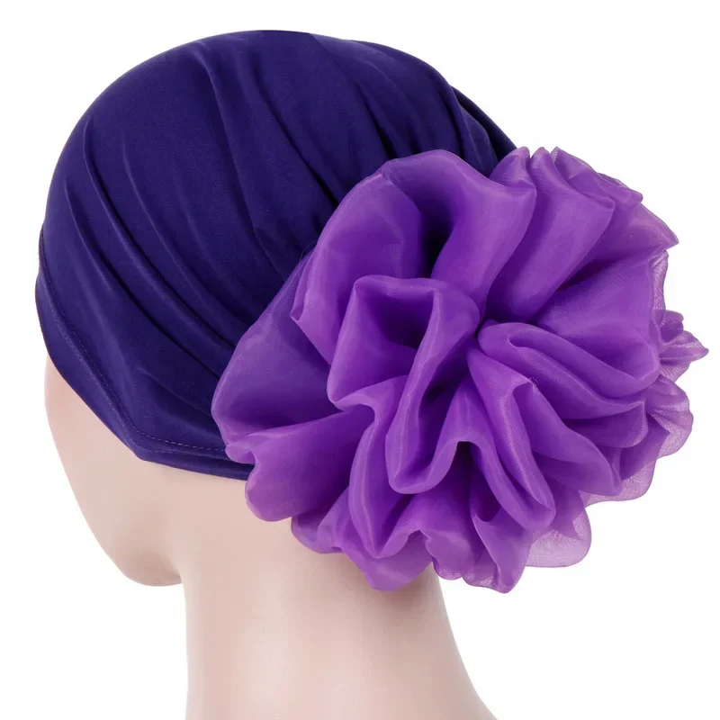 Helisopus Women Muslim Solid Color Turban Big Flower Design Headband Ladies Elastic Headwear Hair Loss Cover Accessories