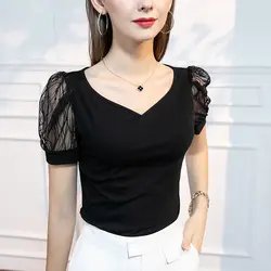 Korean Simplicity Fashion Summer Puff Sleep T-Shirts Women Solid V-neck Patchwork Gauze Temperature Loose Short Sleeve Thin Tops