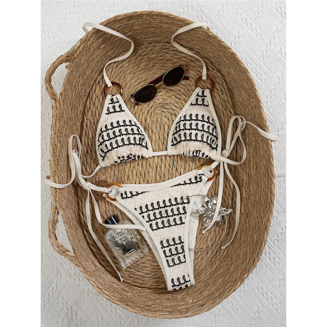Zweiteiliges Bikini-Set mit hohem Beinausschnitt, Riemchen-Badeanzug, bedruckter Neckholder-Bikini, Damen-Badeanzug, Damen-Bademode V8384 – Detail 4