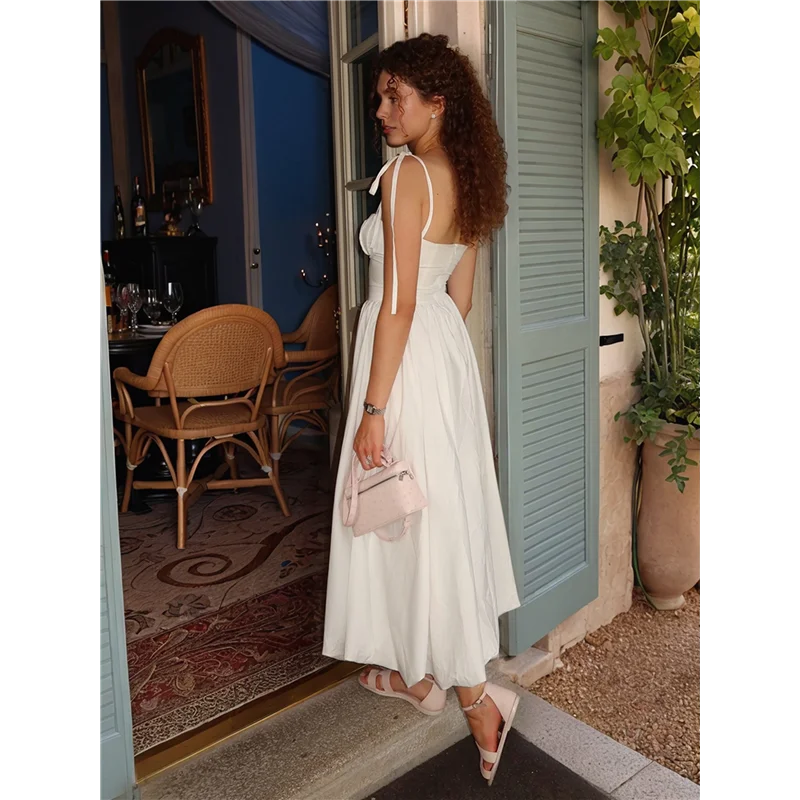 Aoao-coral midi vestido de luxo cetim feminino vestidos de verão sem mangas cinta espaguete espartilho baile branco m