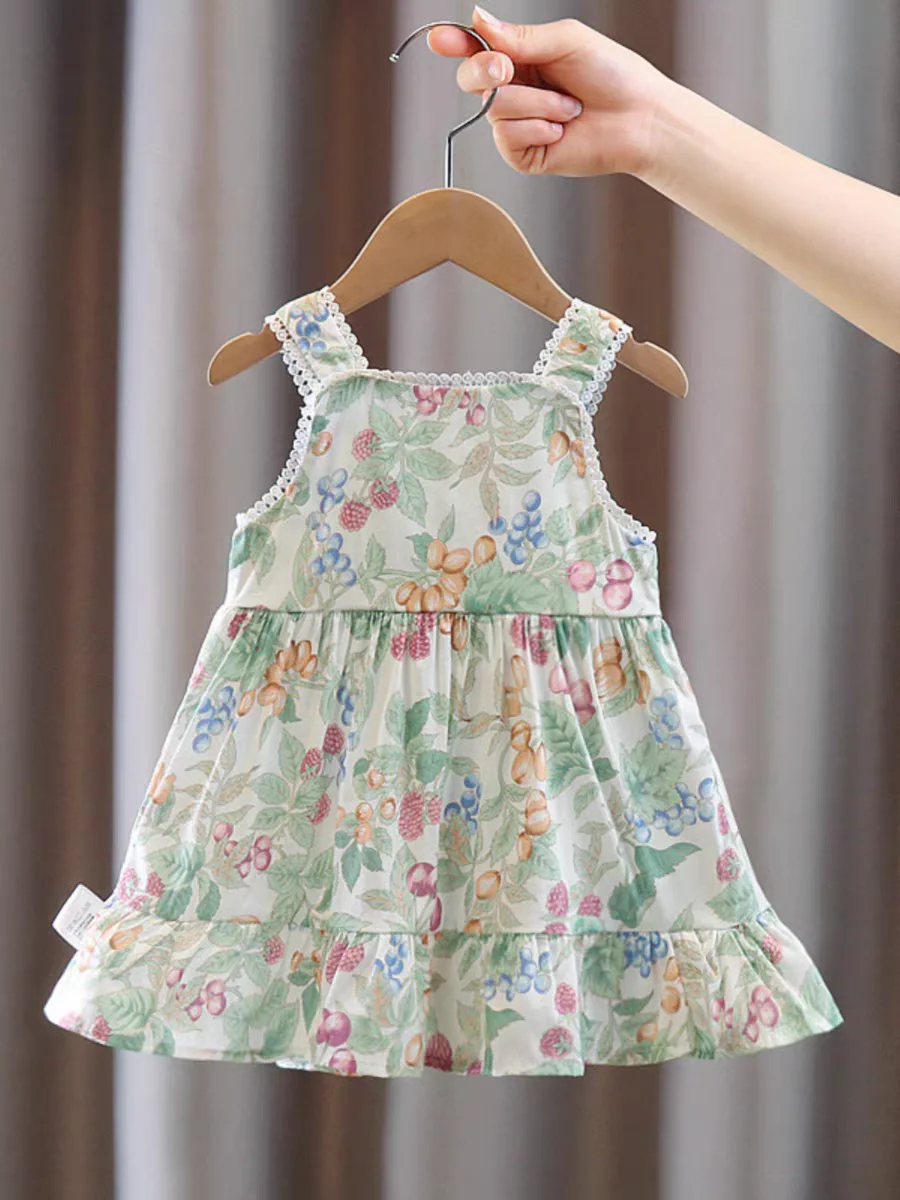 Little Girls Cotton dressr for puff sleeve Camisole Leisure dress 2024 New Flowers full of prints 1-7T Kid Summer clothing