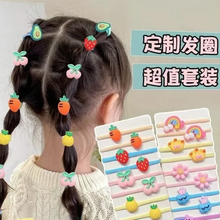 Children\'s Cute Card High Elastic Headband Hair Ornament Girl Candy Color Loop Tie Rubber Band Cartoon Fruit Flower Butterfly