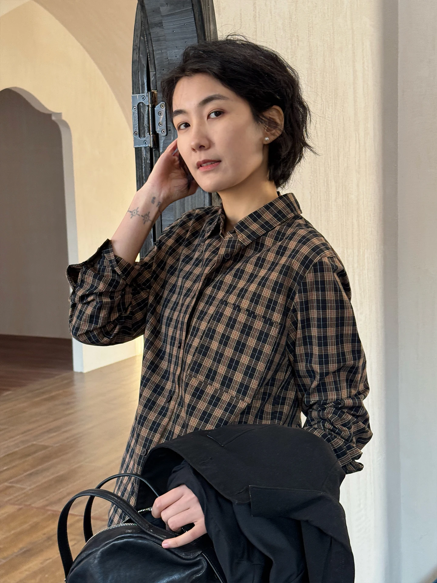 

Langqing Vintage Plaid Pure Cotton irt Women's Loose Long Sve Button up Casual Spring 2026 Breathable Comfortable Outerwear