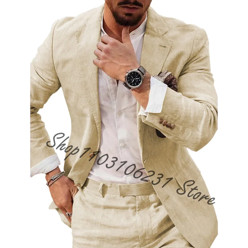 Zomer Strand Business Linnen Pakken Op Maat Gemaakt 2 Stuks Jas Met Broek Casual Smoking Blazer Broek Party Wear Kostuum Homme