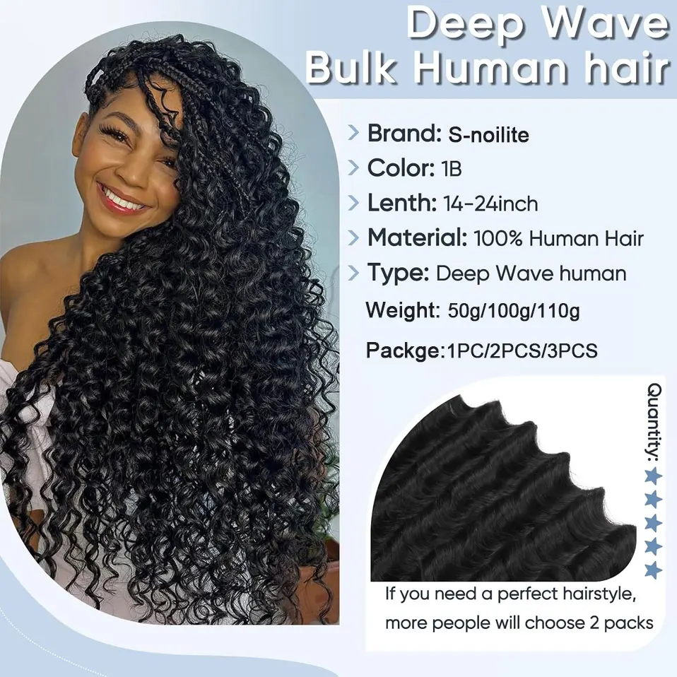 S-noilite Human Braiding Hair for Boho Braids 2 Bundles 100g Knotless Deep Wave Bulk Human Hair for Braiding Hair Extensions