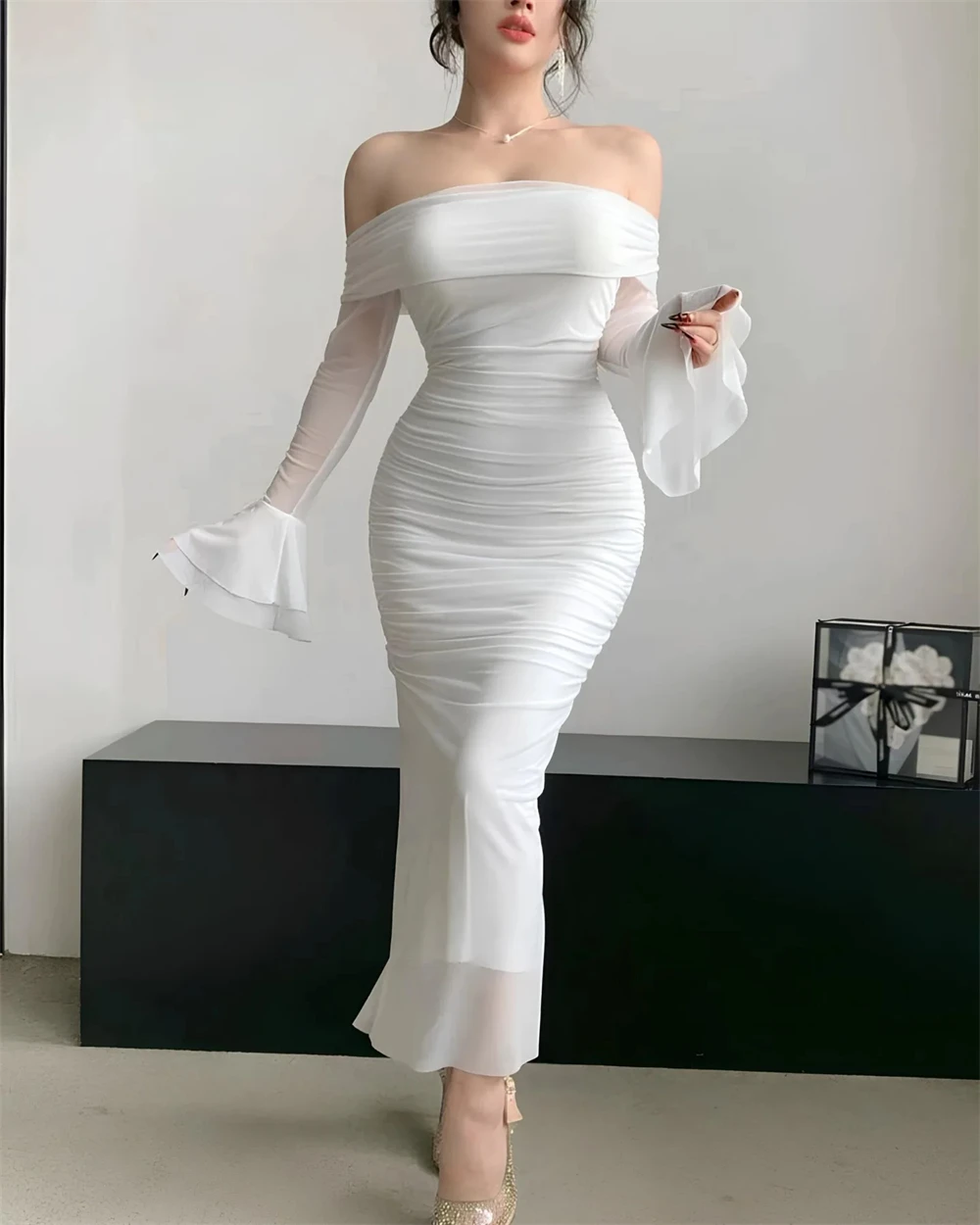 

Customized Mermaid Simple White Chiffon Evening Dress Elegant Off the Shoulder Long Sleeves Prom Dresses Modern Party