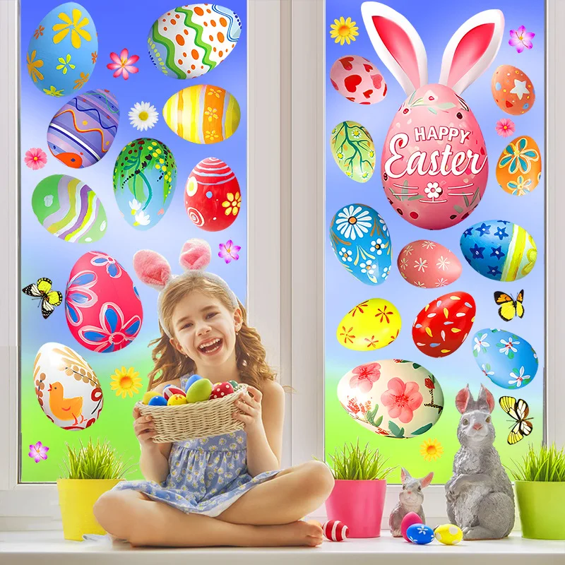 Easter Stickers 6 Easter Egg Butterfly Static Stickers Window Glass, Bedroom Living Room Display Window and Bathroom Stickers