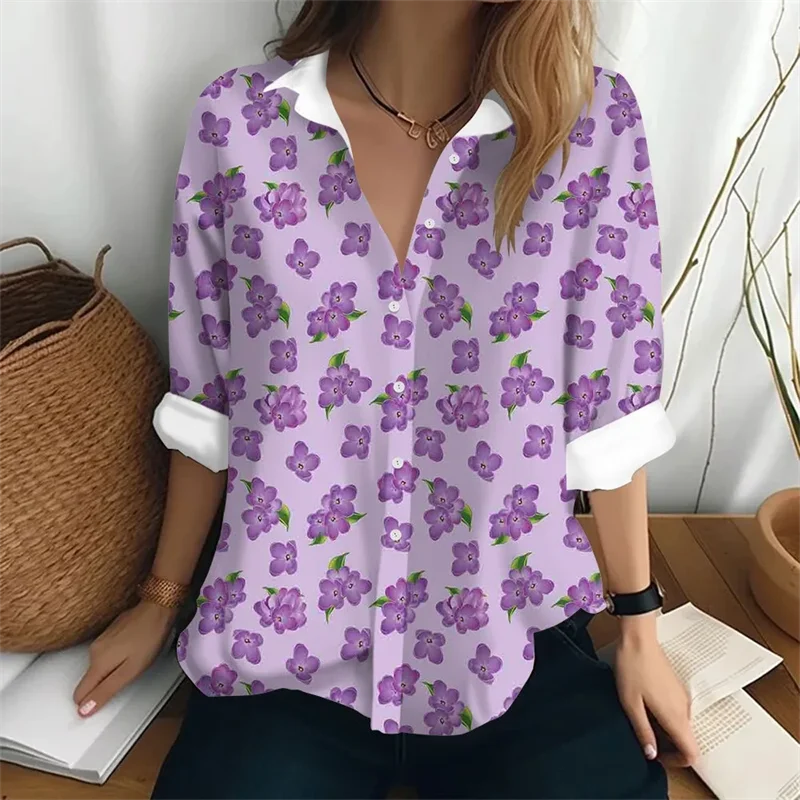 2024 New Women\'s Shirt Long Sleeve Relaxation Printed Collar Pocket Daily Beach Vacation Comfortable Top