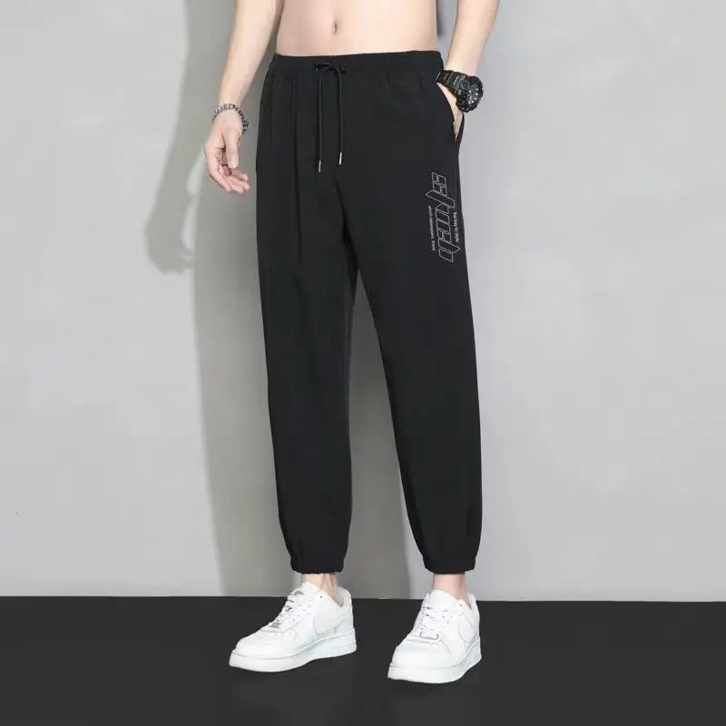 

Свободные мужские брюки из ледяного шелка, летние повседневные брюки Qui Dry для тренировок, прямые брюки с высокой талией, моющееся полиэфирное волокно