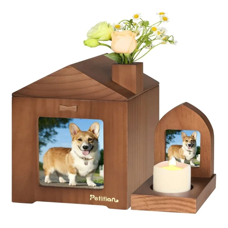 Pet Urns with Photo Frame Funeral Cremation Small Box Wood Urn Loving Memory Pet Picture Frame Candle Holder Handicraft