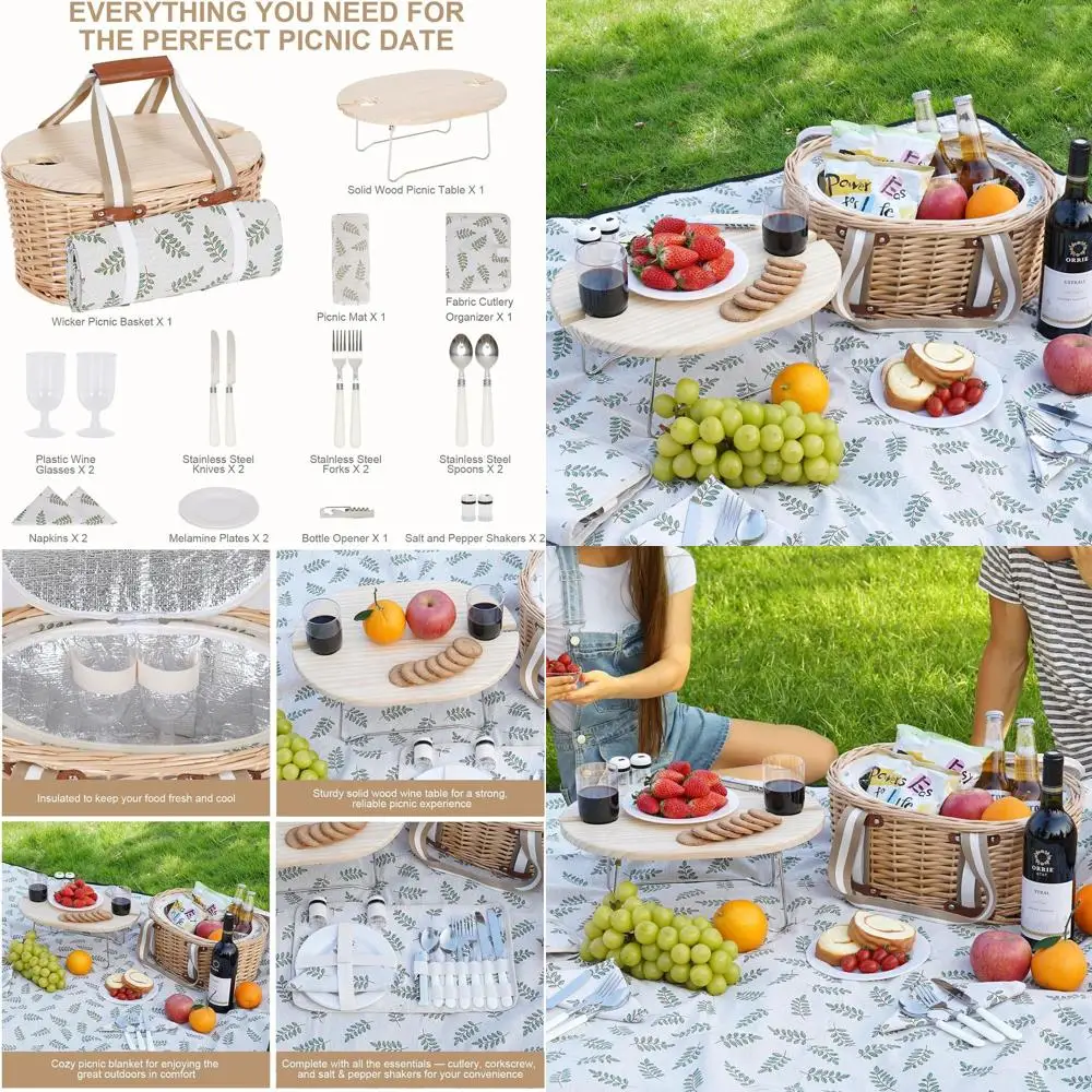 

Wicker Insulated Picnic Basket Set with Waterproof Blanket, Wine Holder, and Cutlery Kits for Outdoor Adventures and Special Occ