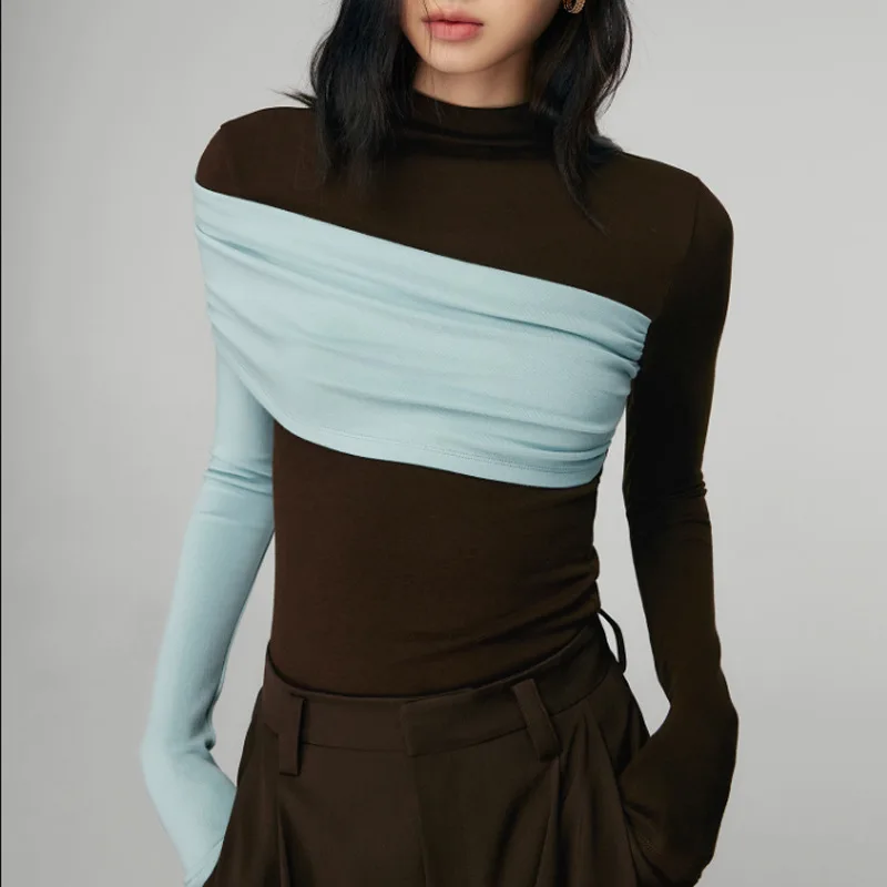 

Splicing Semi-turtleneck Long-sleeved T-shirt Women's Bottoming Shirt Slim-fitting Contrasting Top