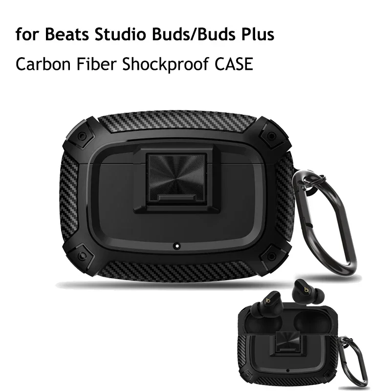 Casing serat karbon tahan guncangan, sarung pelindung cangkang keras serat karbon untuk Apple Beats Studio Buds + casing penutup kunci pengaman