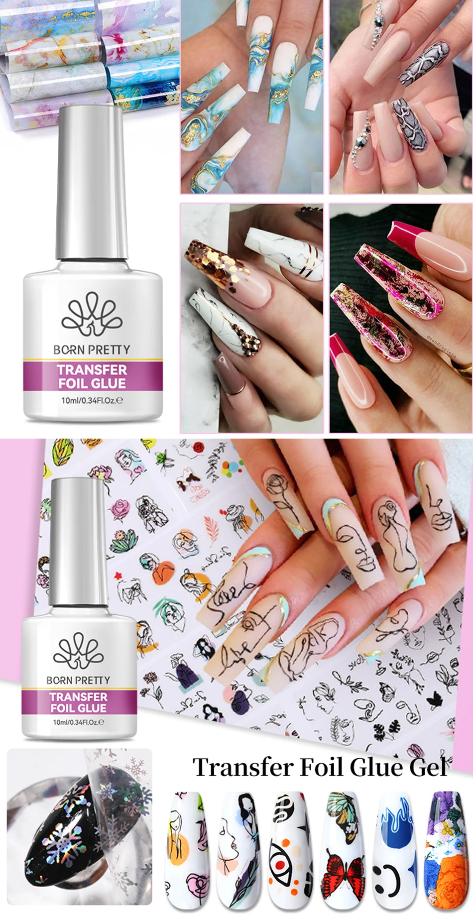 BORN PRETTY Nagelfolien-Gel 10ML Folien-Transfer-Gel für Nagelaufkleber Rosen-Blumen-Designs Florale Hochzeits-Sommer-Nagelgestaltung – Detail 6