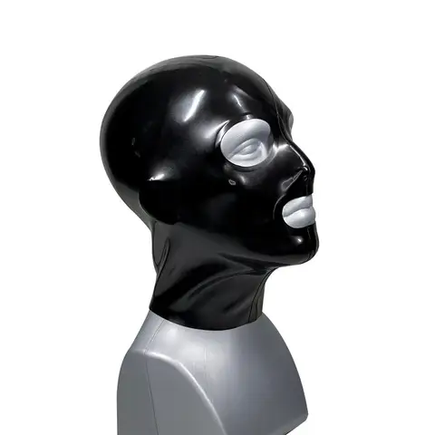 Mens Latex Rubber Hood Mask with Back Zipper Black Cosplay Party Clubwear Mask with Open Eyes Mouth