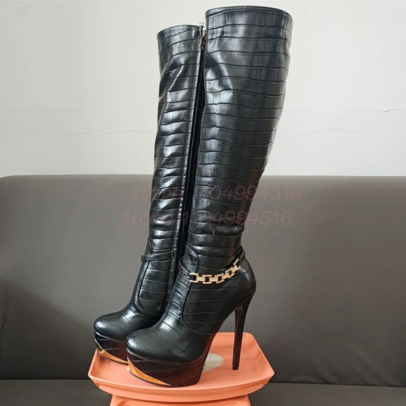 

Gold Chain Patent Leather Platform Knee Boots Women Sexy Black Side Zipper Round Toe Stiletto Boots New Lady Fashion Party Shoes