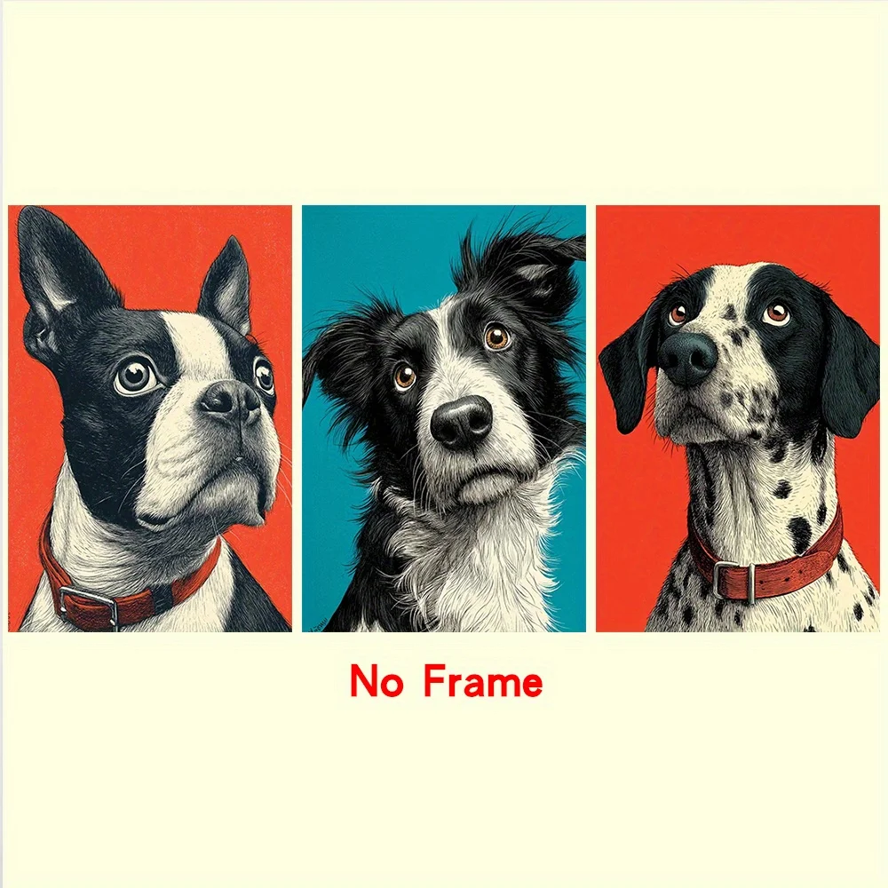 2D Flat, 2D Plane 3pcs Frameless Canvas Wall Art - Modern Dog Paintings with Boston Terrier, Border Collie & Dalmatian, Vibrant