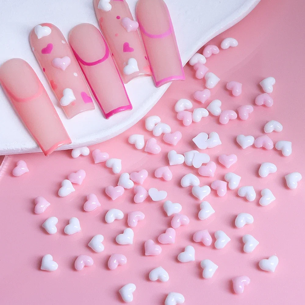 100pcs Kawaii Pink White Mini Love Heart Nail Charms 3D Heart Shape Resin Valentine's Decoration Nail Art Parts Supplies 5mm