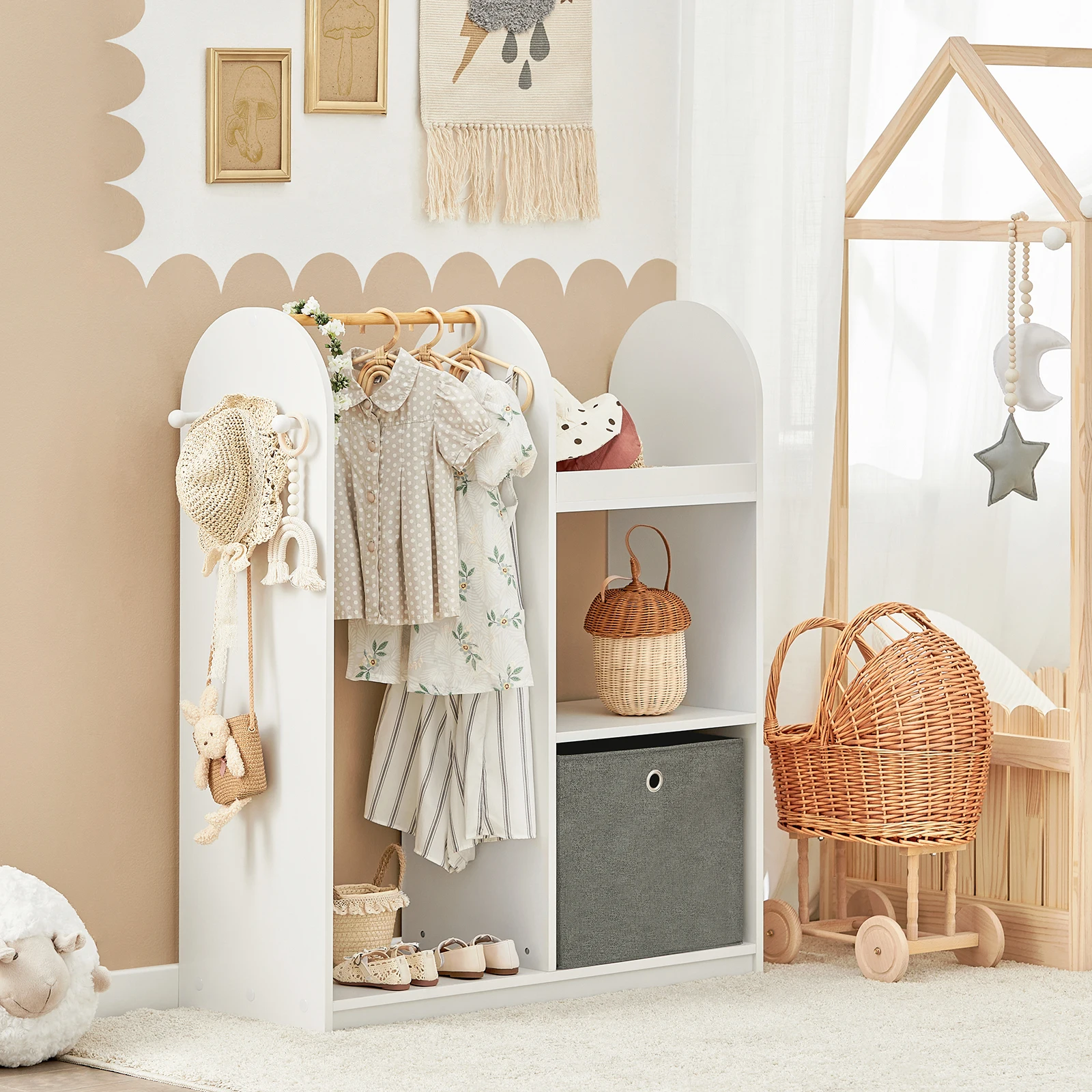 Armadio per bambini SoBuy KMB40 con 3 ganci, armadio con contenitore, guardaroba per la cameretta dei bambini, mobile, scaffale porta vestiti per bambini