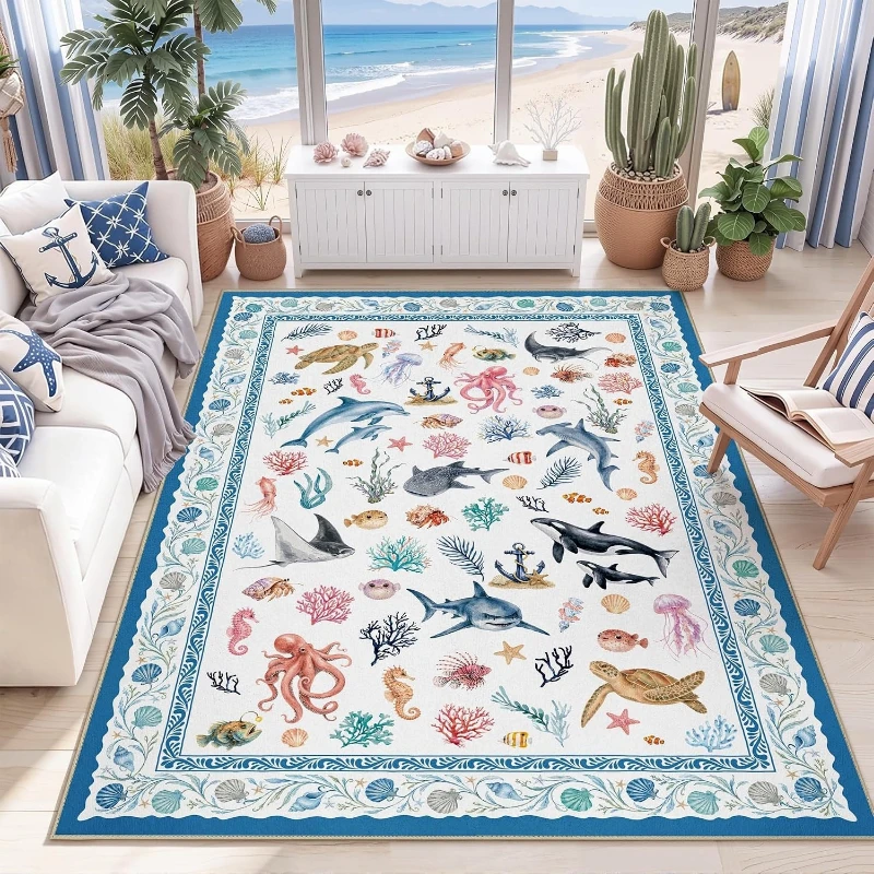 Large Living Room Carpet Non-slip Machine Washable Soft Floor Mat Bedroom Bedside Carpets Coastal Ocean Rug Home Decoration Rugs