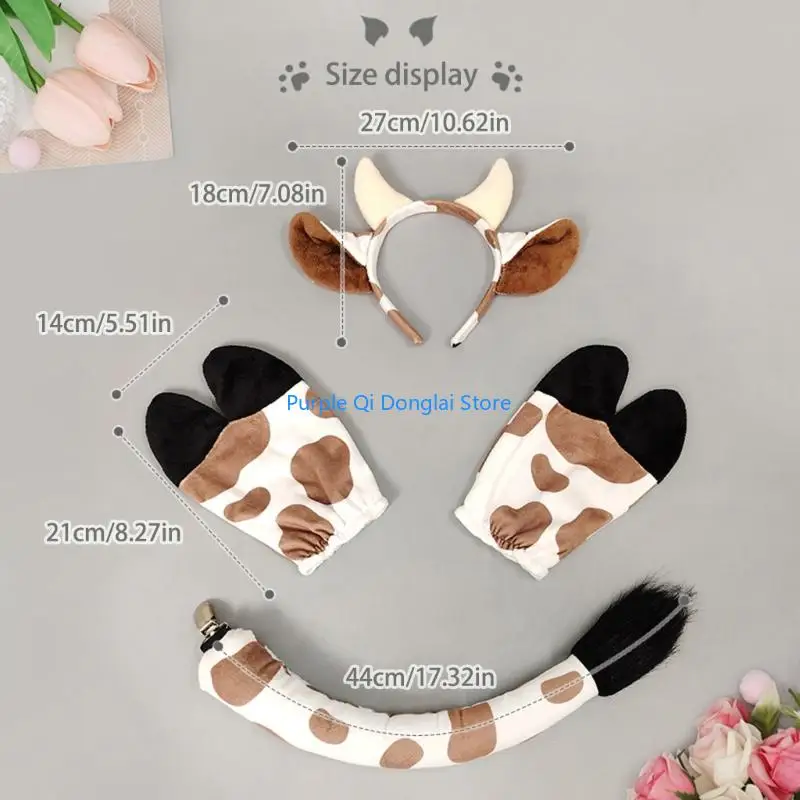 Disfraz Animal L21E, diadema con orejas vaca, guantes cola, disfraces vaca para Halloween