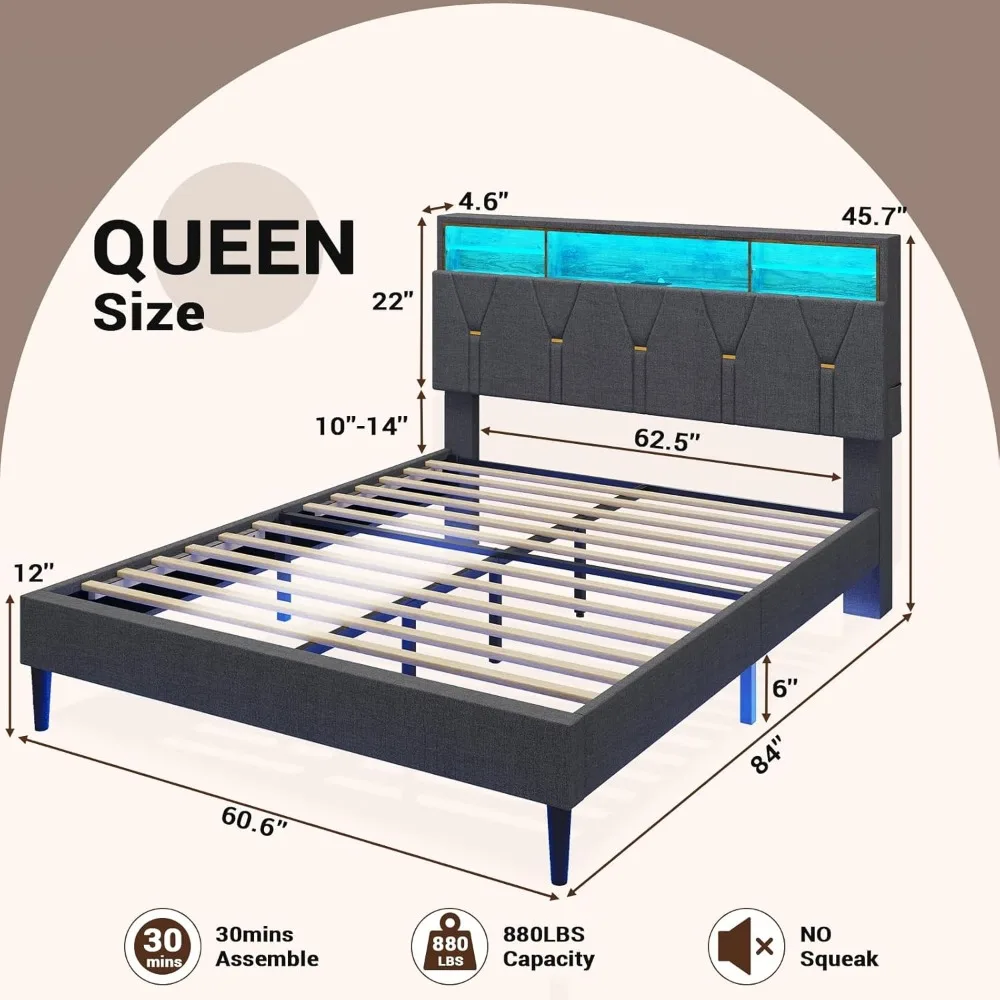 Bedframe Met Usb-Poorten En Stopcontacten, Led Bedframe Met Plank Opberghoofdeinde, Gestoffeerd Plateaubed Met Ledverlichting