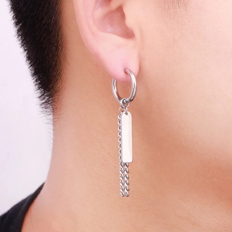 1pc Fashion Punk Metal Rectangle Drop Earrings for Women Men Gothic Street Hip Hop Rock Silver Color Chain Hoop Ear Jewelry Gift