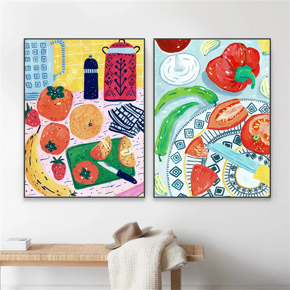 Kitchen Table Colorful Oil Painting Prints Poster Fruits Tomato and Peppers Persimmon Canvas Painting Dinning Room Food Decor