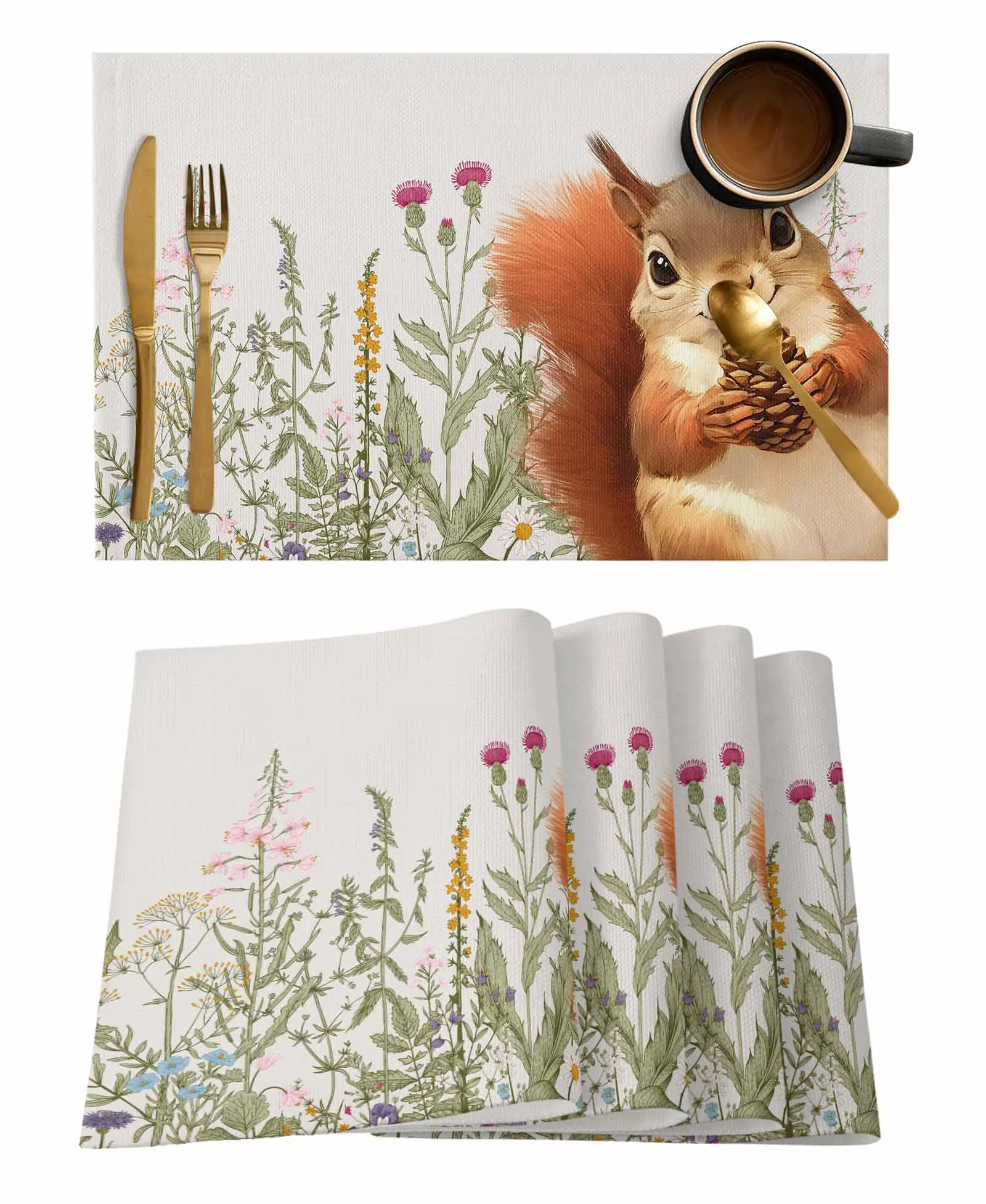 Autumn Herbaceous Plant Squirrel Table Runners for Dining Room Coffee Home Decoration Tablecloth 4/6 Pcs Placemats Table Cover