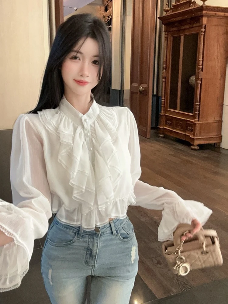 Retro Princess Sleeve Stand Collar Ruffle Pure Desire Style Loose Slimming Women's Shirt Sweet Atmosphere Heavy Work Fabric