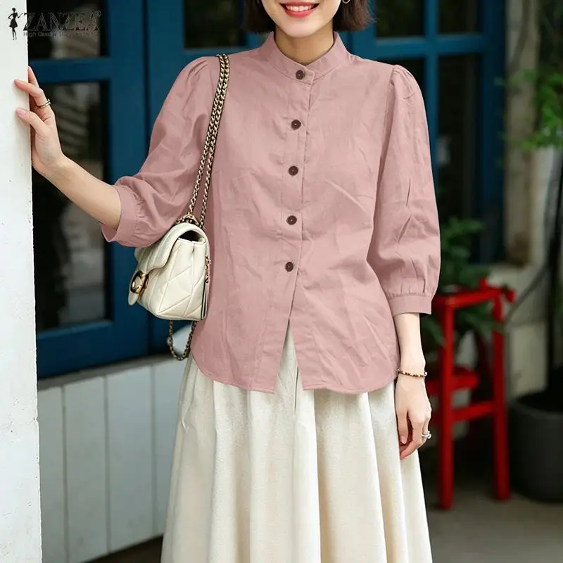 

Women's Minimalist Cotton Shirts Stand Collar 3/4 Puff Sleeve Button Up Tops ZANZEA Summer Casual Loose Breathable Chemise Femme
