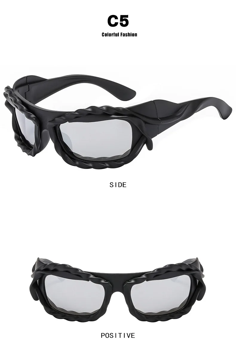 Einzigartige Hip-Hop-Y2K-Sonnenbrille für Damen und Herren, neue Sport-Sonnenbrille mit gedrehtem Design, Party-Sonnenbrille für Frauen, silberne Retro-2000er-Brille – Detail 11