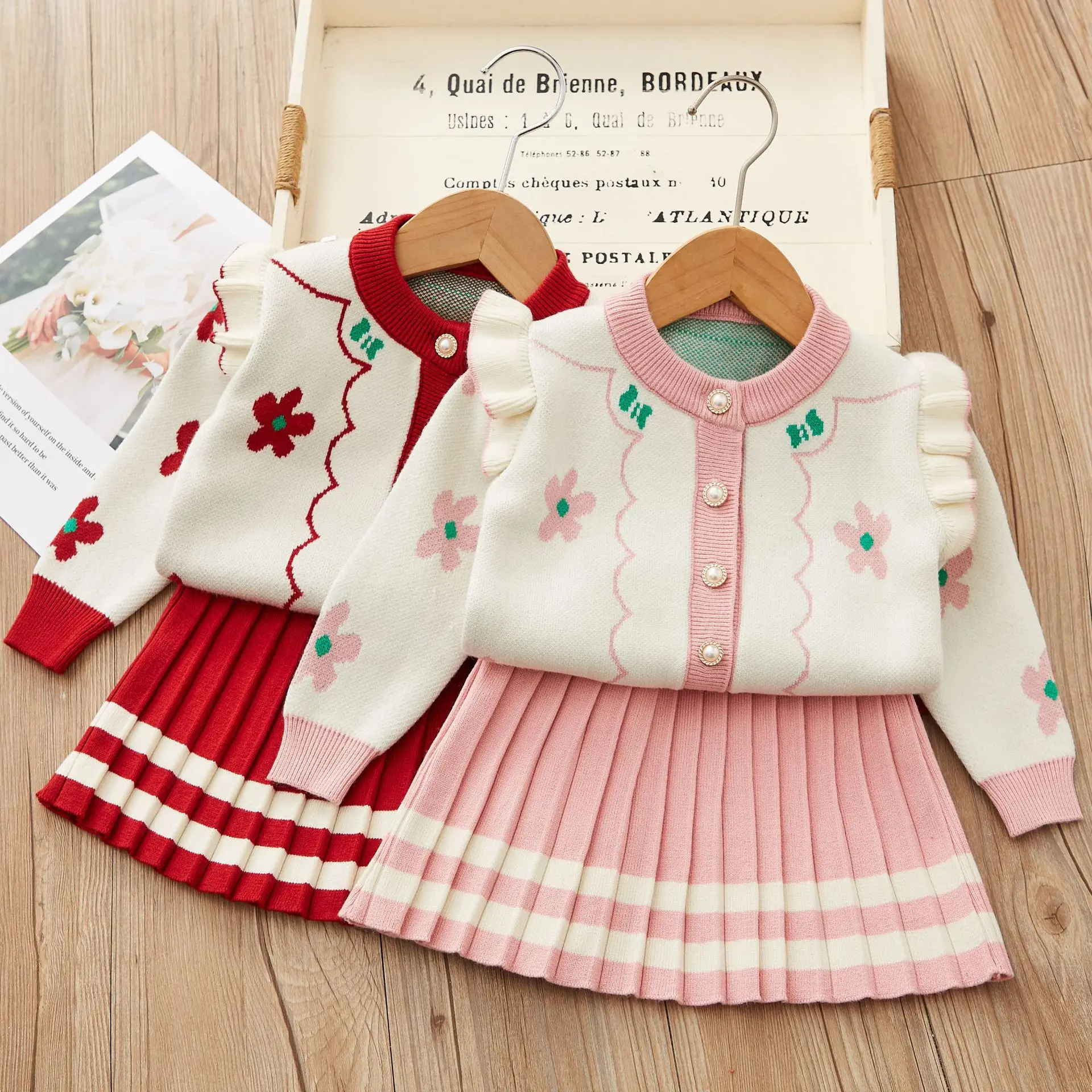 

Knit Cardigan Girls Sweater Lovely and Sweet Flower Doll Collar Tops and Skirts Two Piece Set Fashion All-match 2023 Autumn New