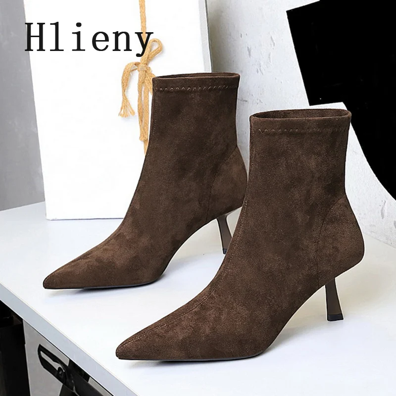 

Hlieny High Quality Pointed Toe Women Ankle Boots Fashion Thin High Heels Shoes Autumn Winter Ladies Shoes Chelsea Short Booties